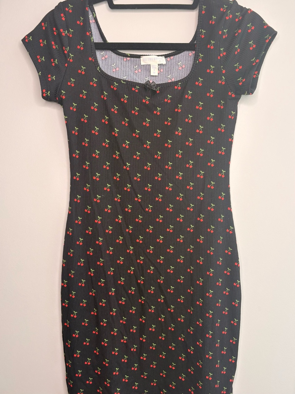 See You Monday Black Cherry-Print Ribbed Midi Dress